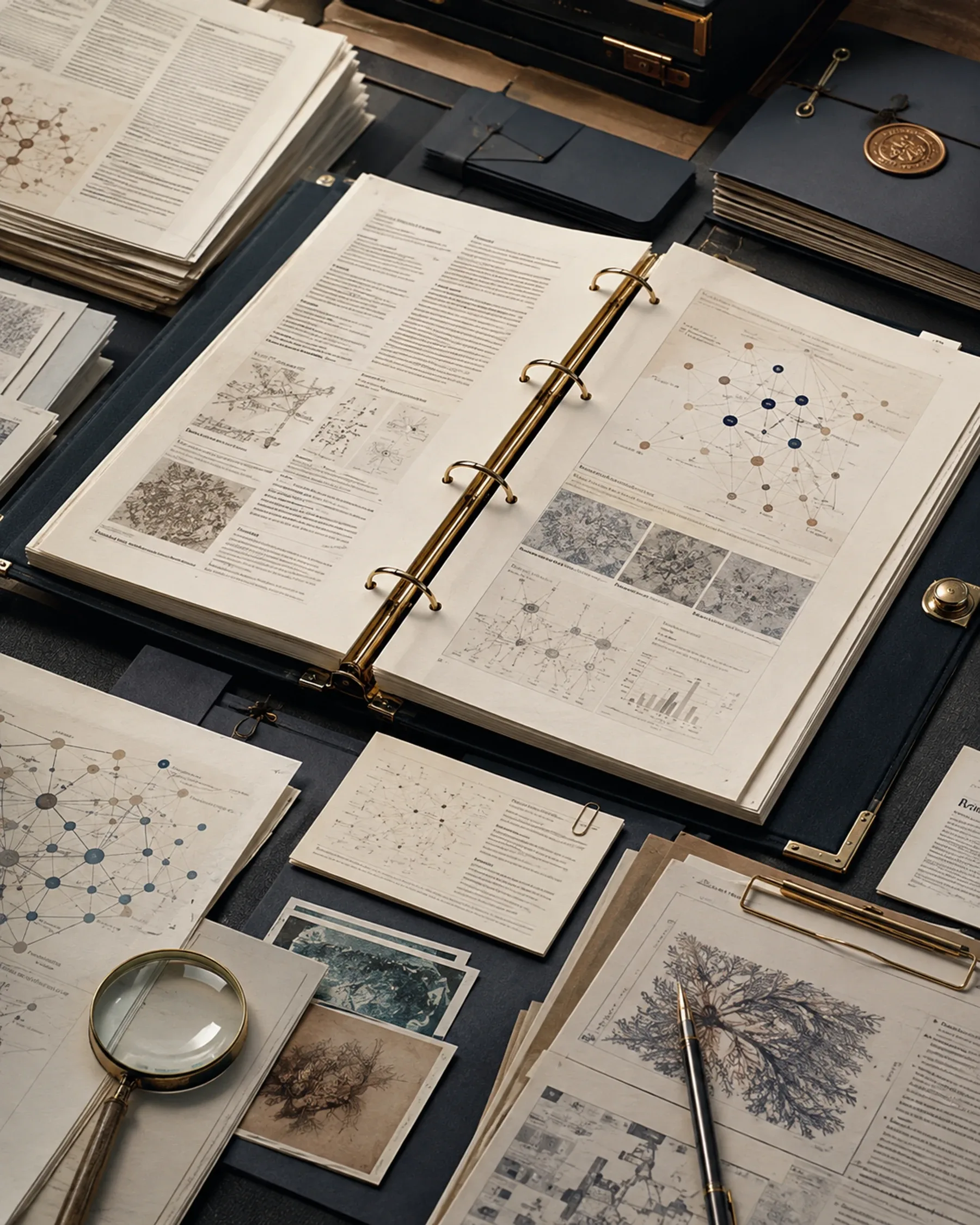 An open institutional decision dossier containing layered evidence sheets, provenance geometry, review tabs, and a sealed issued record.