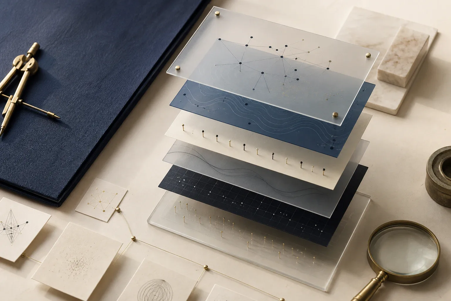 A layered scientific architecture model built from translucent domain and evidence planes