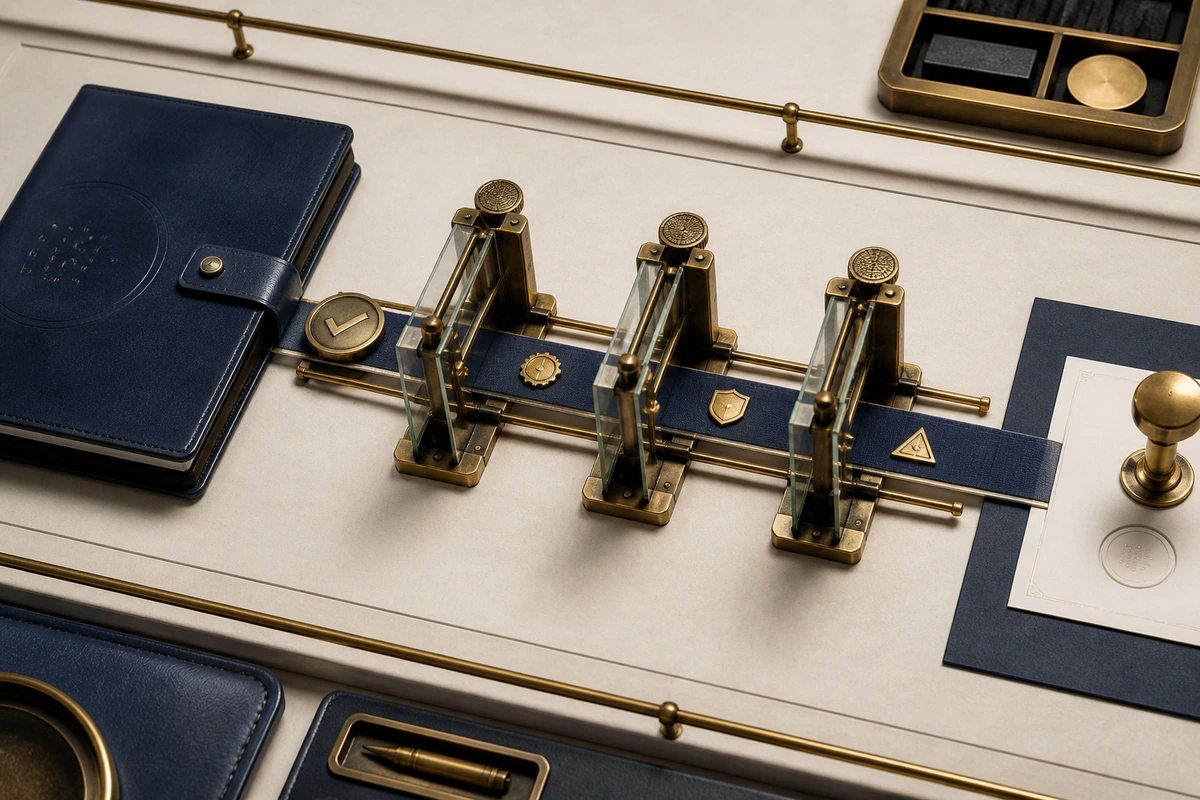 An approved research dossier moving through three physical governance checkpoints