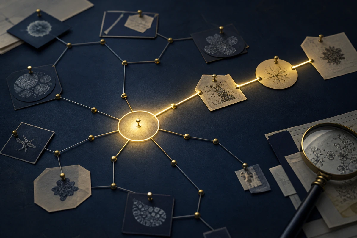 A research evidence network with one selected next-best path illuminated in brass