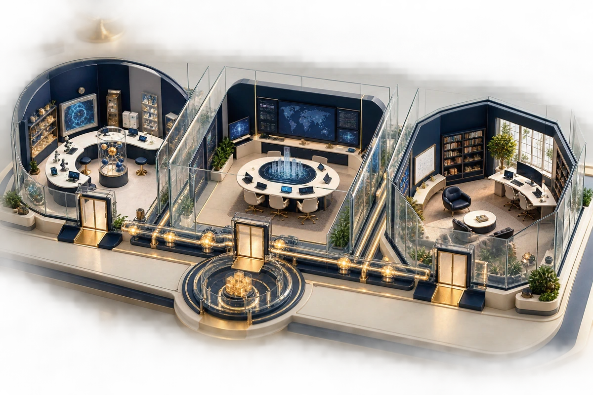 Three isolated institutional research environments connected to one governed backbone