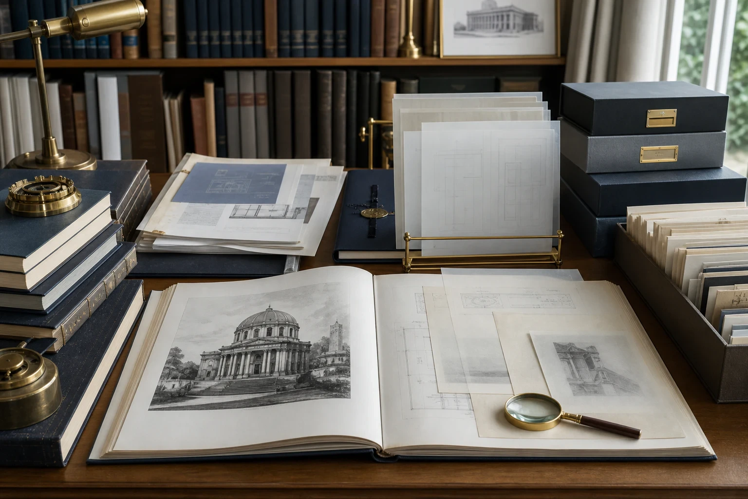 A scholarly publication desk containing implementation notes, validation reports, and governance records
