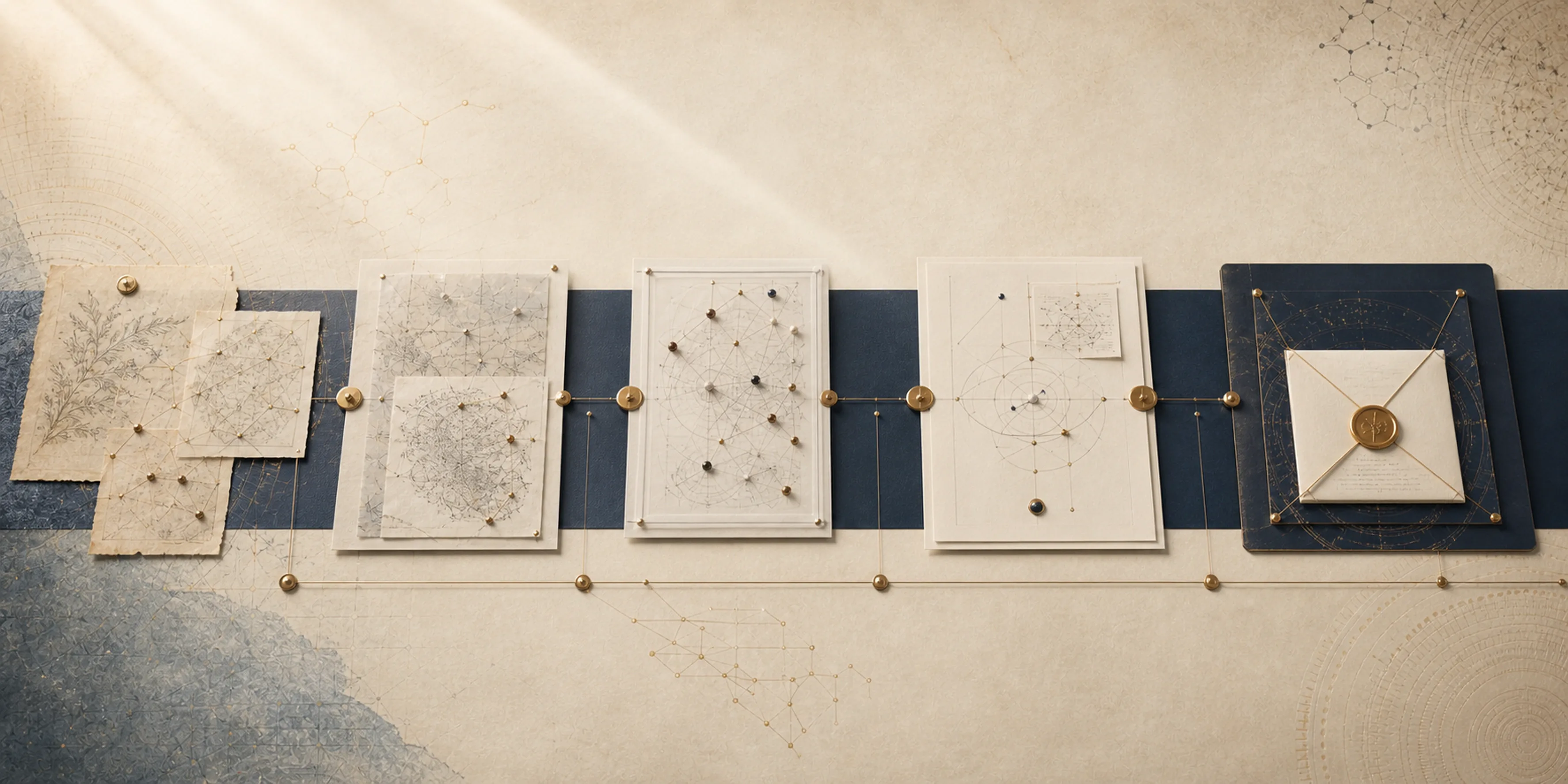 Five connected evidence artifacts progress from source material through synthesis and review to a sealed decision record.
