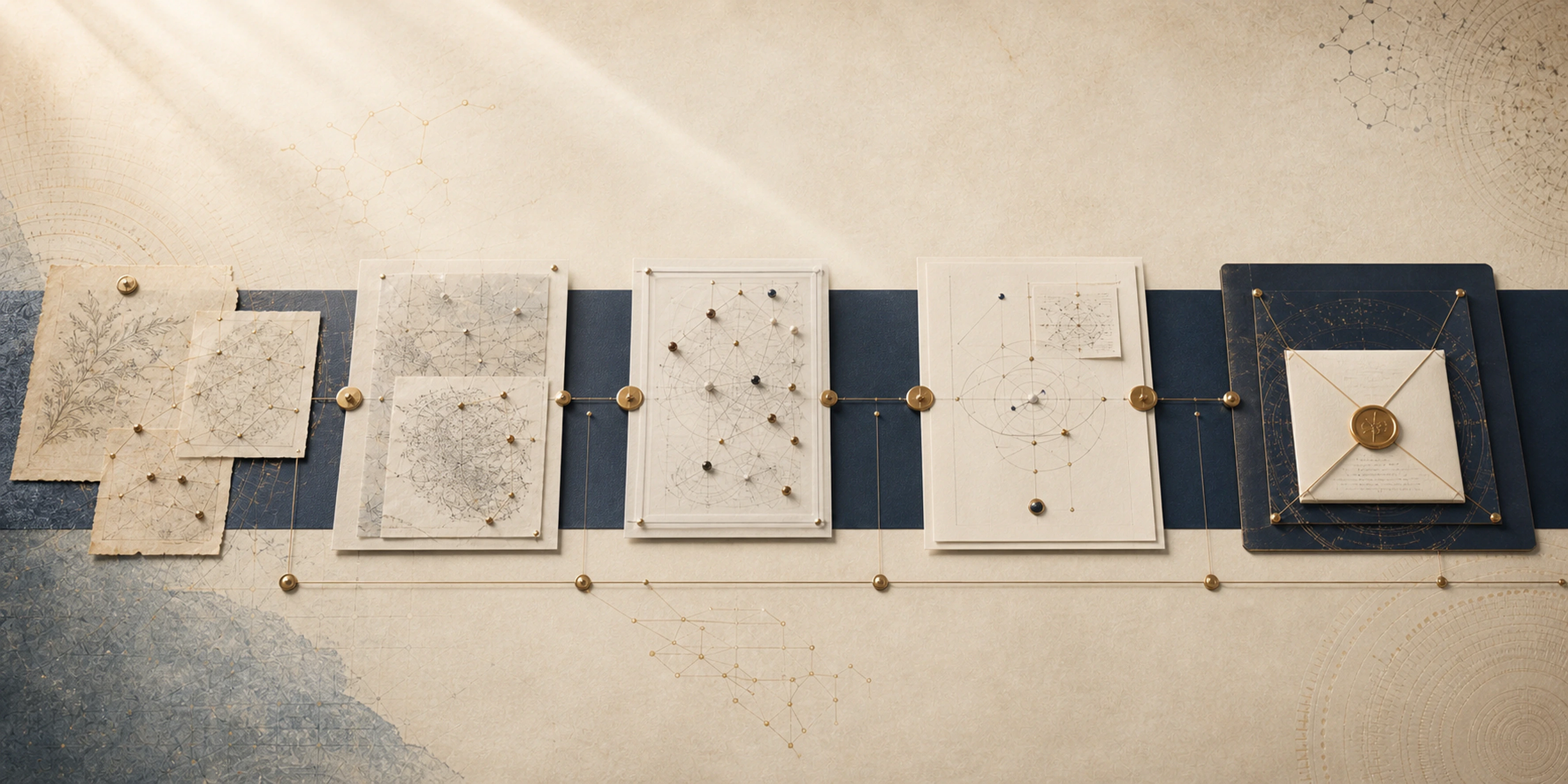 Five connected evidence artifacts progress from source material through synthesis and review to a sealed decision record.
