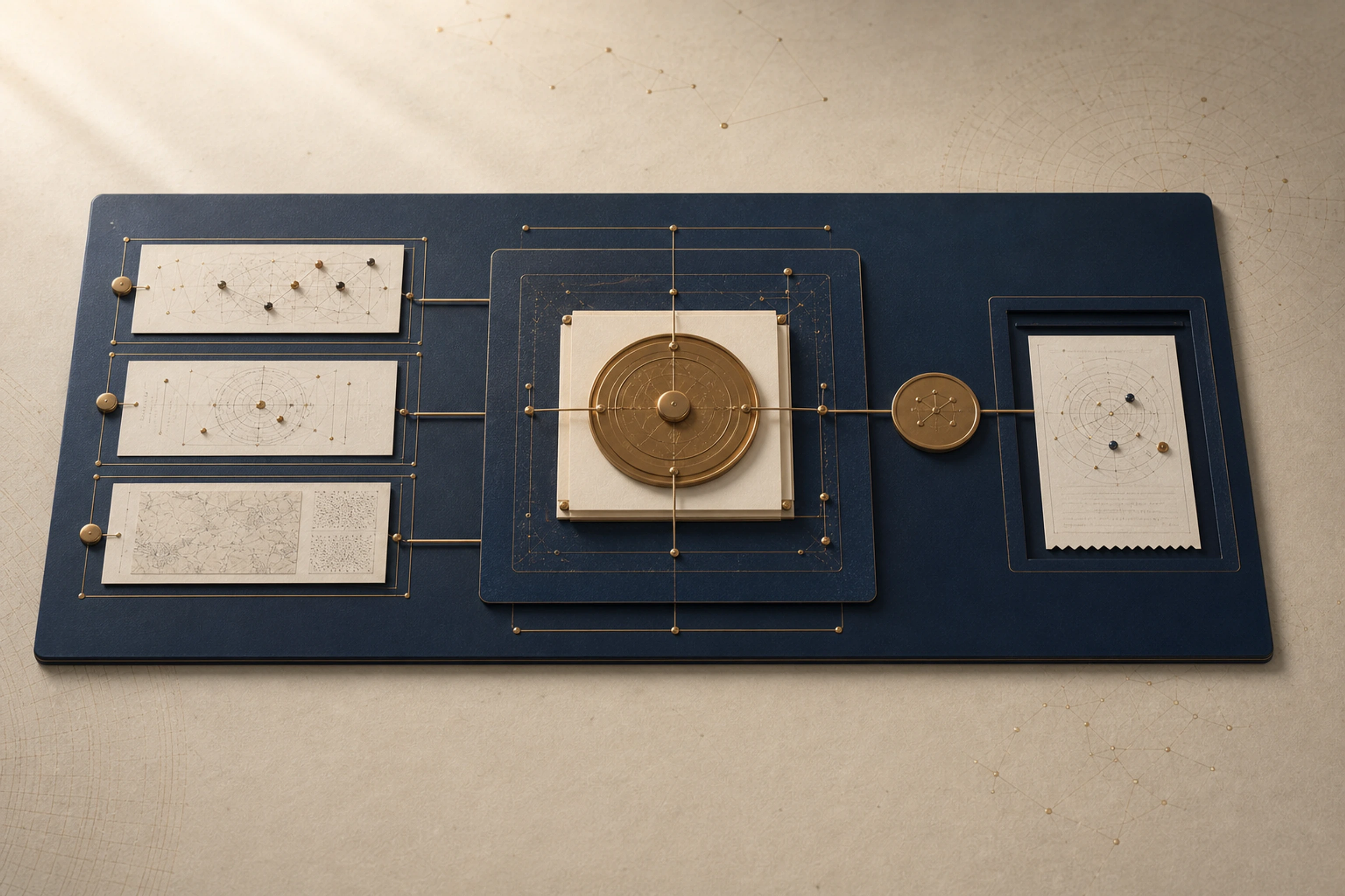 A deep navy governance ledger routes evidence through an authority seal to an issued execution receipt.