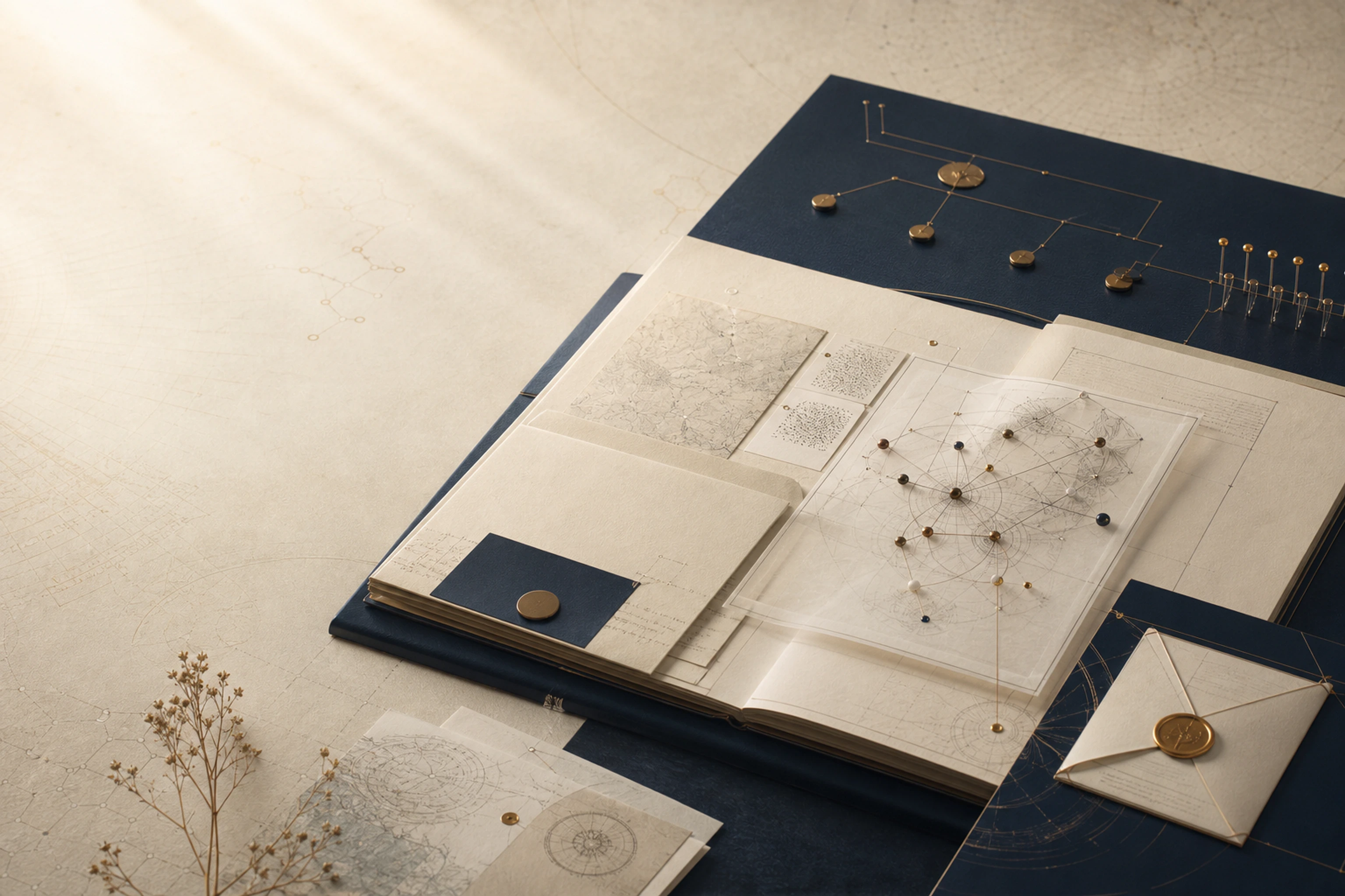 A ScienzaOS research decision workspace with a layered dossier, provenance graph, evidence sheets, and controlled-action record.