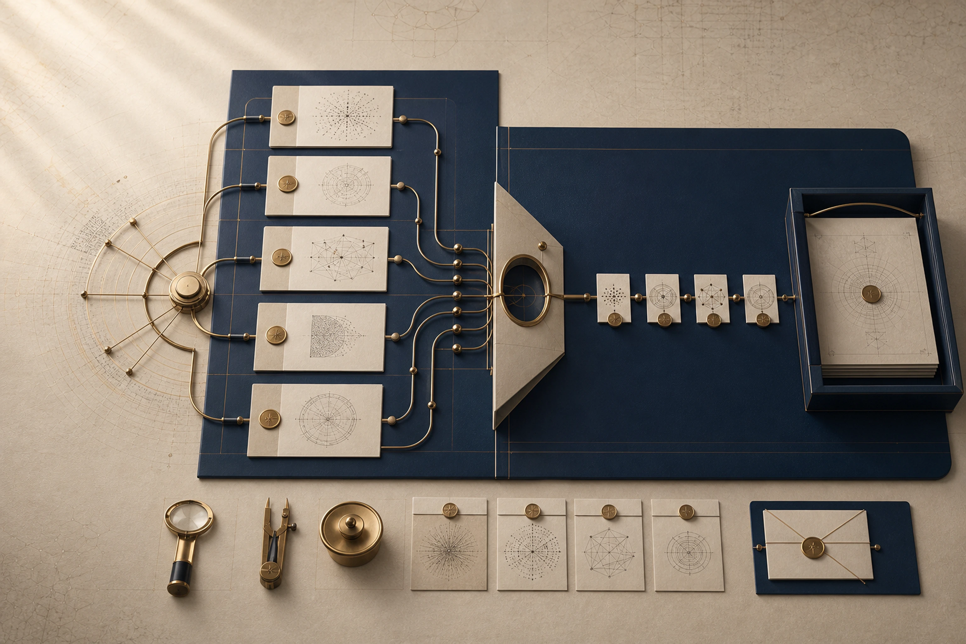 A tactile orchestration system routes multiple evidence inputs through one explicit approval gate into a controlled output.